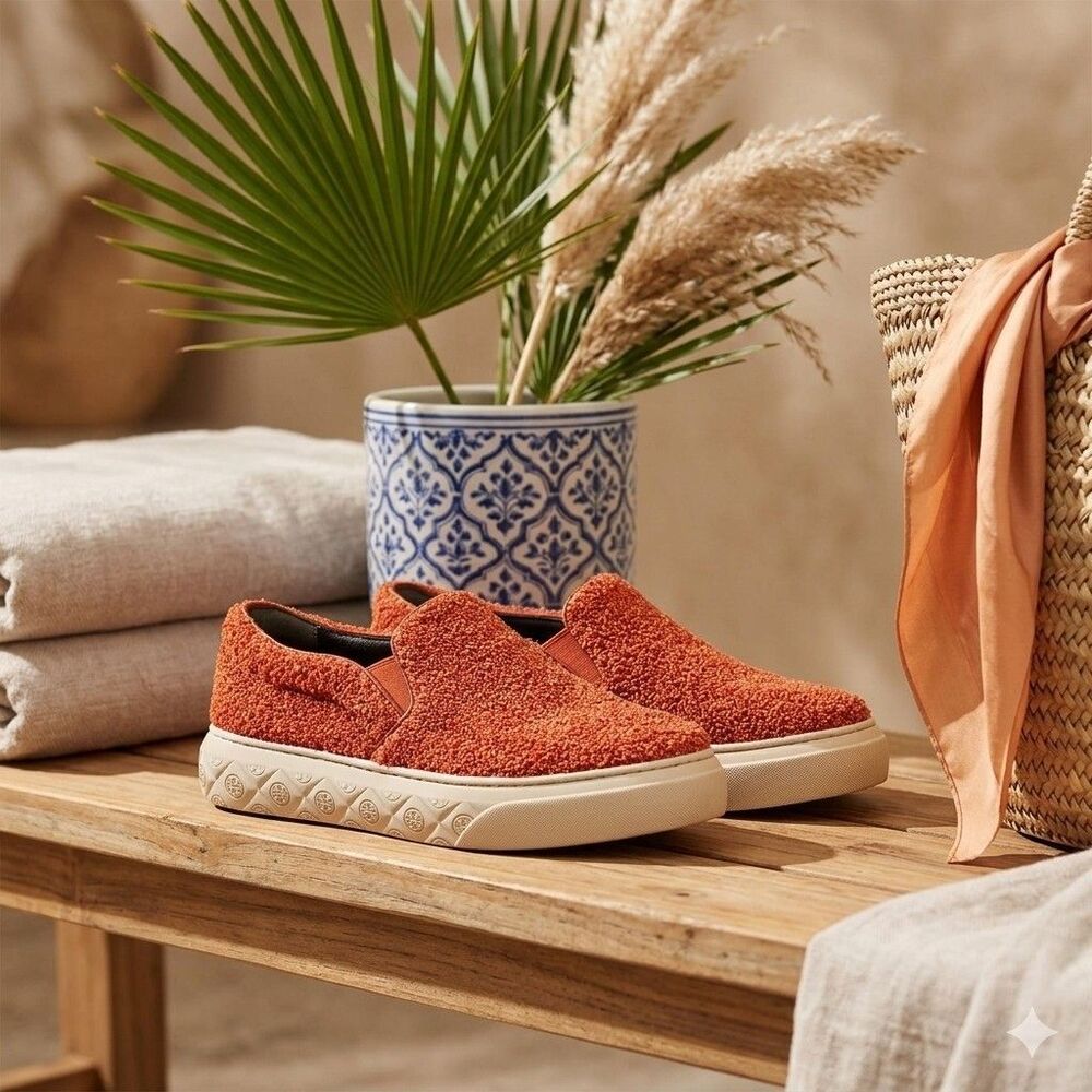 Tory Burch Howell Slip On Sneakers Womens 7.5 Orange Boucle Raffia Shoes 149646